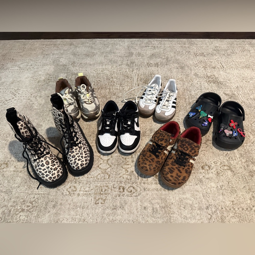 Girls adidas sambas, Nike dunks, leopard sneakers, crocs and leopard boots